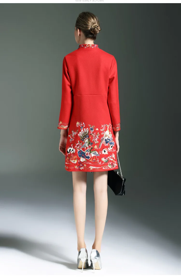 Plus size Autumn winter national trend women's outerwear embroidery long design stand collar women trench woolen overcoat