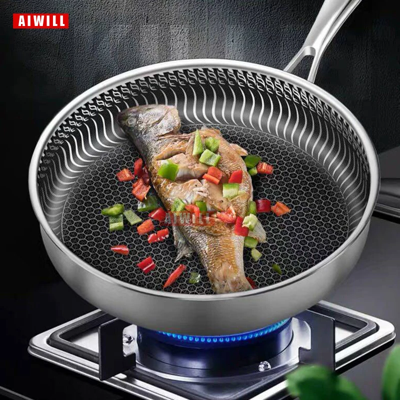 Stainless Steel Frying Pan Nonstick Wok Pan Honeycomb Skillet Less Oil  Smoke General Gas Induction Cooker