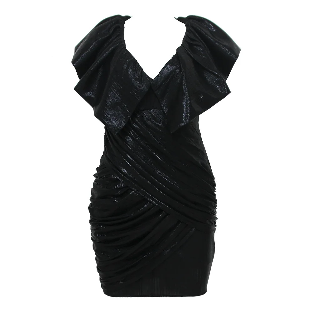 BGW глубокий Vneck Короткие рукава с рюшами Черные Мини коктейльные платья на молнии сзади Vestidos Para Coctel