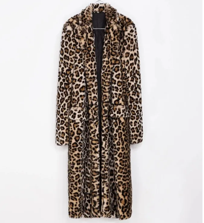 2019 Vetement Winter Women's Faux Fur Coat Turn-Down Leopard Long Slim Furry Plus Size Wild AW216 | Женская одежда