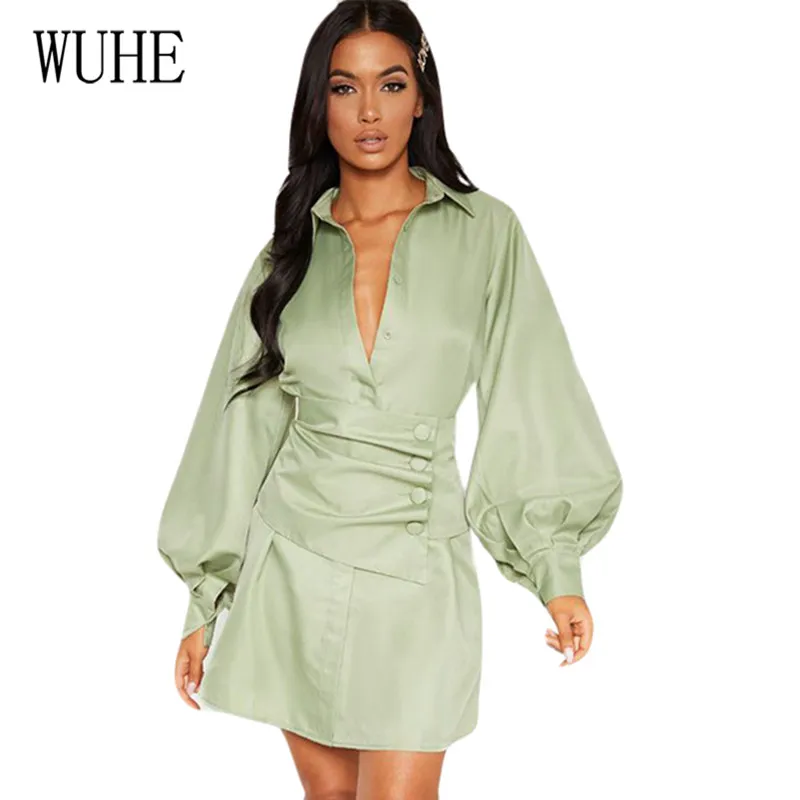 

WUHE Solid V-neck Long Sleeve Girdle Button Slim Temperament Dress Elegant Hollow Out Casual Night Party Dress Female Vestidos
