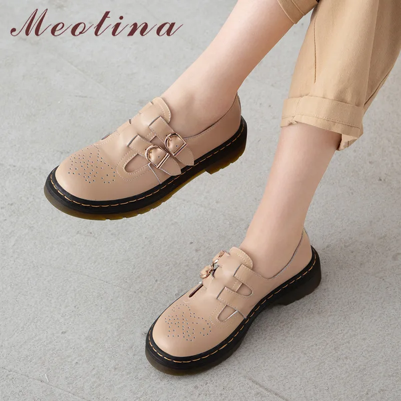 

Meotina High Heels Women Pumps Natural Genuine Leather Buckle Thick Heels Shoes Real Leather Round Toe Shoes Ladies Size 34-39