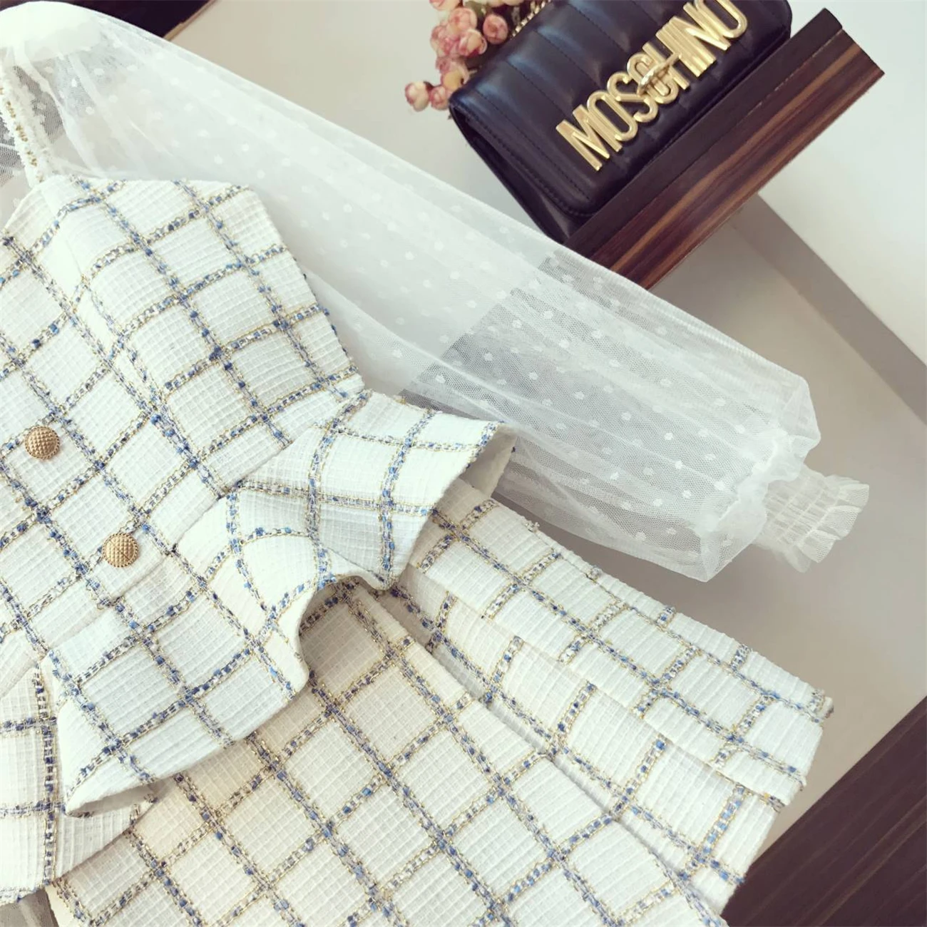 Комплект из 3 предметов, Женская Осенняя новая сетчатая рубашка+ маленькая куртка на бретельках+ юбка, женские твидовые комплекты, уличная клетчатая рубашка, комплект для девушек