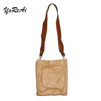 

YoReAi Wrinkle Design Kraft Paper Totes Waterproof Package Diagonal Women Bags Shoulder Bucket Women's Bag Simple Ladies Handbag