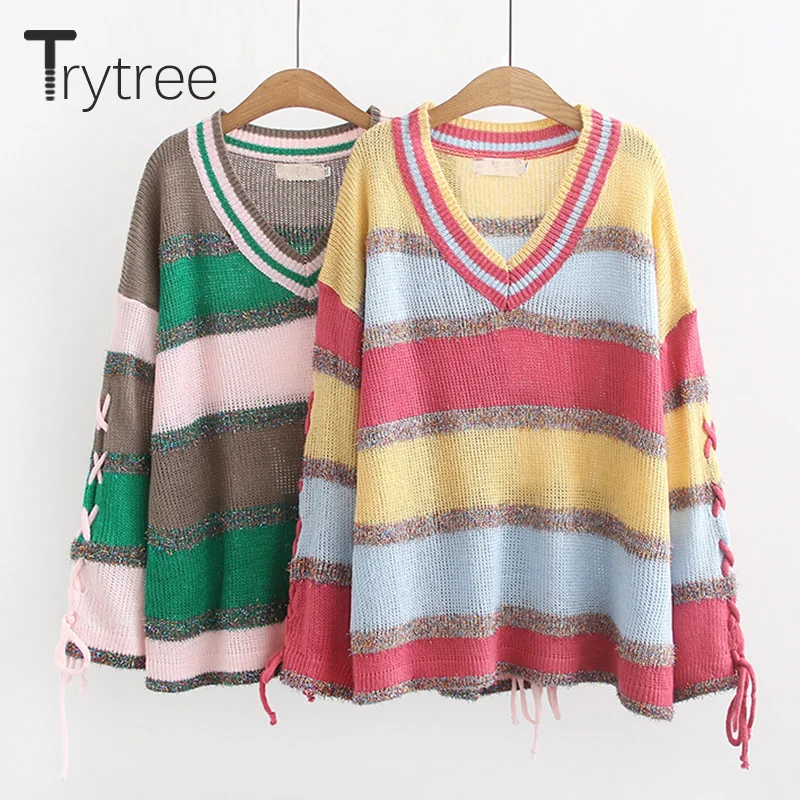 

Trytree Autumn Winter Women Sweater Casual V-Neck Striped Criss-Cross Ribbon Sleeve Knitted Acrylic Sweater Pullovers Loose Tops