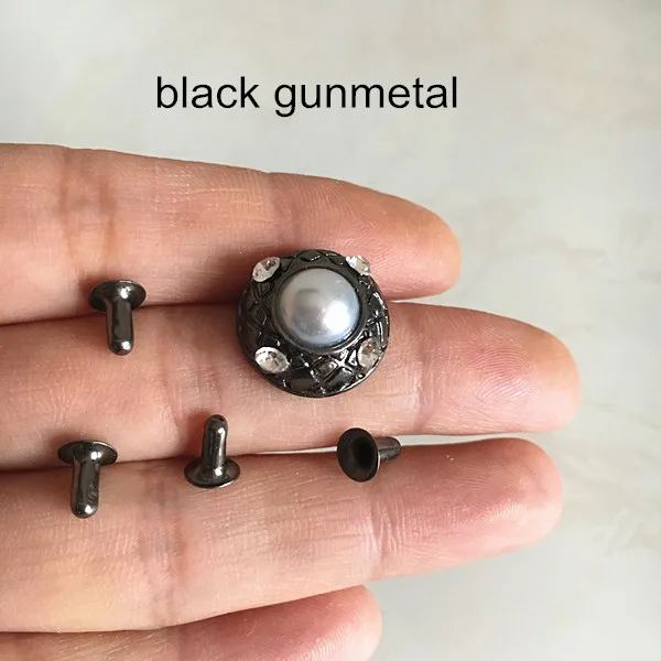 Black Gunmetal 50 шт-15 мм круглые купольные металлические заклепки с жемчугом и стразы, золото, серебро, черный Gunmetal, DIY заклепки шипы для сумок, обуви - Цвет: Black Gunmetal