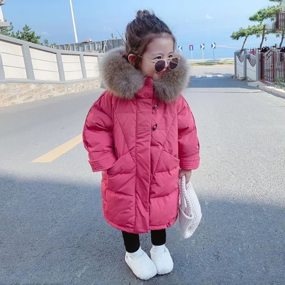 

Kid Fashion Winter Coats Mig-length Style Warm Girl Clothing For 2 3 4 6 7 8 Yrs Baby Girl Clothes Fur Collar Hooded Down Parkas