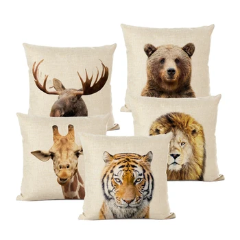 

Animal Series Cushion Cover Tiger Brown Bear Lion Decorative Pillows Cover Linen Pillowcase for Cojines Decorativos Para Sofa