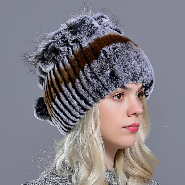 Зимние женские головные уборы с шариками кролика рекс мех помпон skullies beanies Теплые эластичные модные пушистые уличные меховые шапки - Цвет: Color01