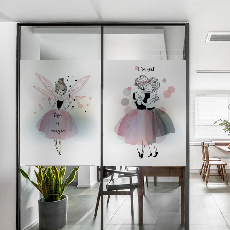 Customized Size Static Cling Window Film Pink Girl  Pattern Decorative Privacy Protection Glass Foil For Kitchen Bathroom Bedroo