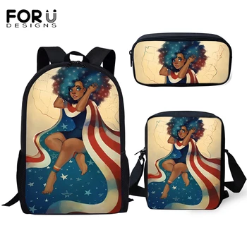 

FORUDESIGNS Primary Students Backpacks Kawaii African Girl Prints Pattern Kids School Bags Afro Arts Design 3PC/Set Book Bags