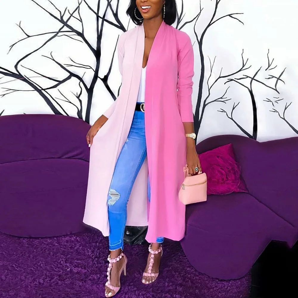 

Long Knitted Windbreaker Women Open Stitch Double Color Loose Long Sleeved Cardigan Streetwear Ladies Pink Black D30