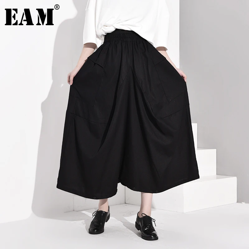 

[EAM] High Elastic Waist Black Pleated Long Wide Leg Trousers New Loose Fit Pants Women Fashion Tide Spring Autumn 2019 EF2990