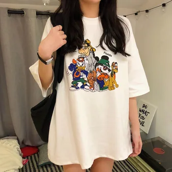 

2020 Cartoon Cotton Summer Mickey Mouse and friends Loose Mid-length Women T-shirt Harajuku Shirt Korean Clothes Womens Clothing