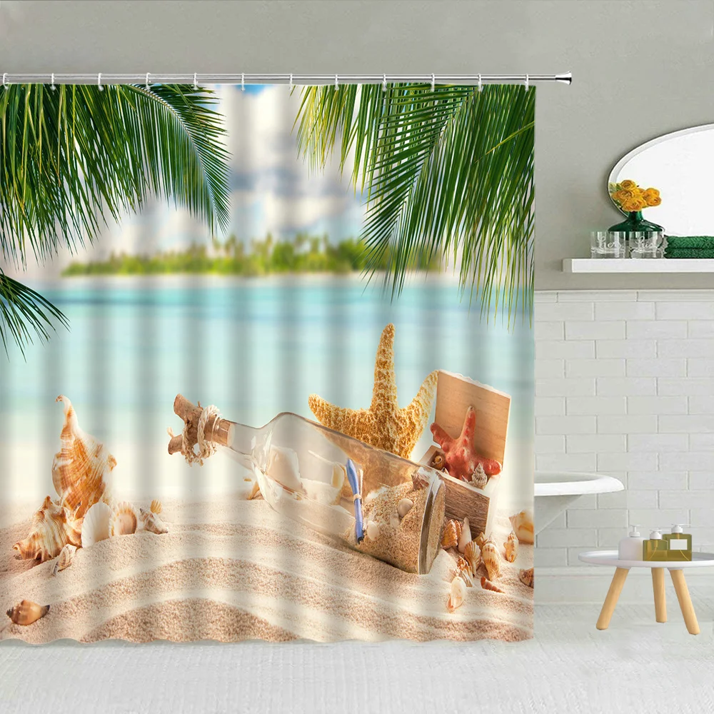 

Sea Beach Starfish Shower Curtain Tropical Plant Coconut Trees Frabic High Quality Bath Screen Bathroom Supplies With Hook Decor