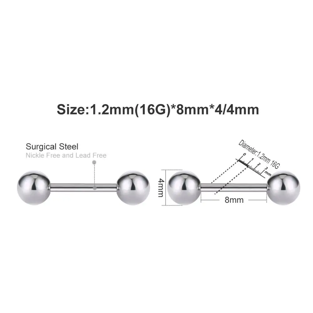 1.2mm 8mm 4mm 2 шт круглый шарик штанги нос винт ноздри шпильки хирургический стальной Нос Кости Кольцо уха хряща серьги ювелирные изделия для пирсинга тела - Окраска металла: 1.2mm 8mm 4mm