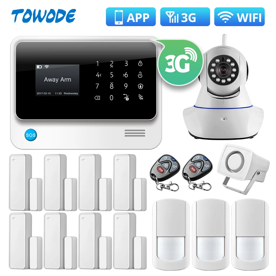 

Towode WIFI 2G 3G GSM GPRS Language Switchable Wireless Home Security Alarm System APP Remote Control IP Camera