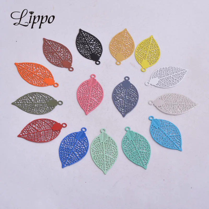 Set of 50 Painted Brass Leaf Charms - Elegant Filigree Pendants