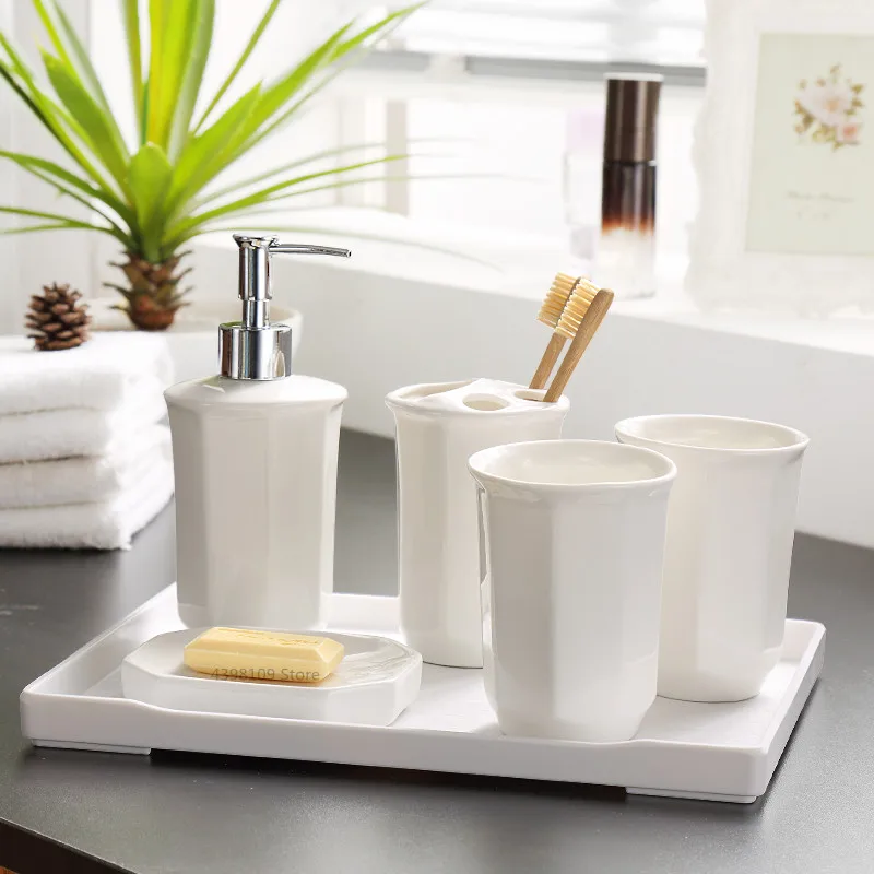 Товары для ванной в скандинавском стиле, белые керамические аксессуары для украшения ванной комнаты, диспенсер для мыла, держатель для зубной щетки, мыльница, набор для ванной комнаты