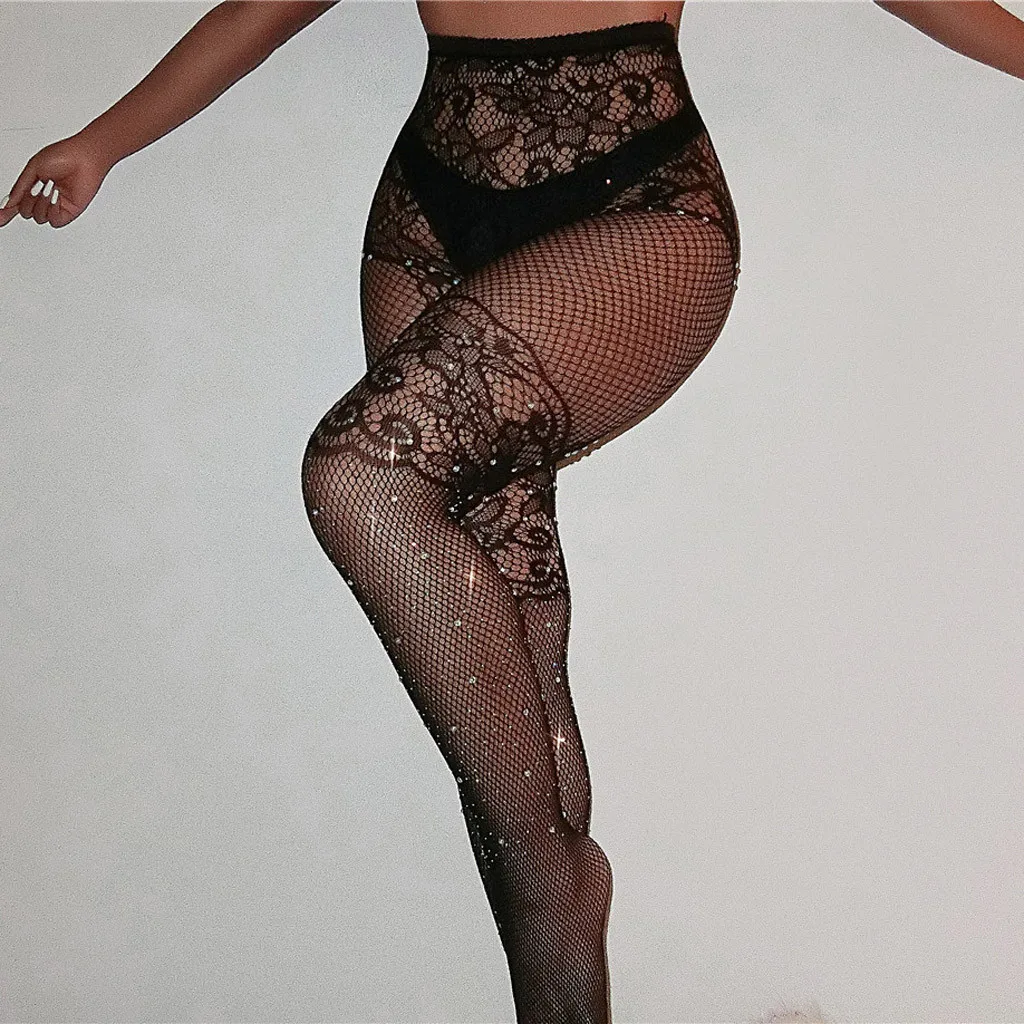 Women Glitter Rhinestone Fishnet Mesh Stockings Ladies Tights Pantyhose Pretty Simple New Sexy Female Seamless Intimates - Color: A