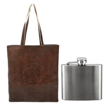 

Women Tote PU Leather Lady's Scrub Handbag Messenger Bag(Brown) & Stainless Steel Hip Liquor Whiskey Alcohol Pocket Flask Gift B