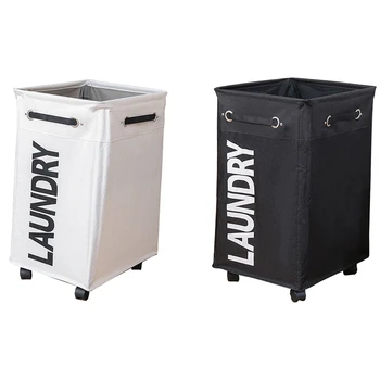 

2x Dirty Clothes Laundry Basket Foldable Storage Basket with Wheel for Office Waterproof Oxford Black & White