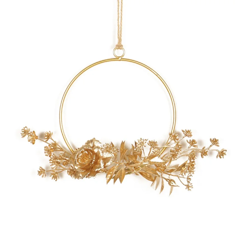 

Artificial Flowers Wreath Metal Round Frame Pendant Garland Gold Finished For Wall Window Wedding Party Home Decor