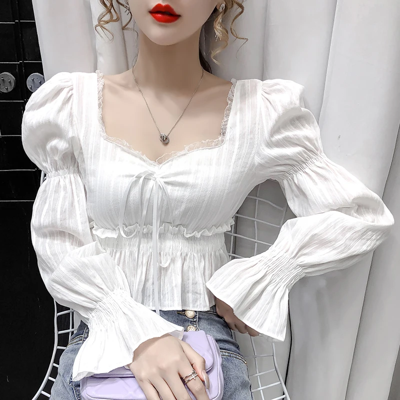 Women High Waist Tops Retro Long Puff Sleeve Lace Trim Cropped Shirts Square Collar Short French Palace Lolita Princess Blouses