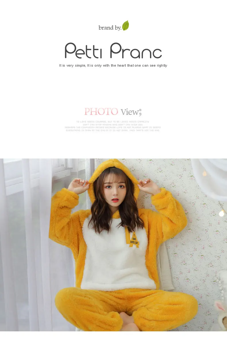 Jielur Warm Women Pajama Sets Winter Lady Long Sleeve Shirt+Pants Home suit Hooded Cartoon Print Thick Pijama Feminino