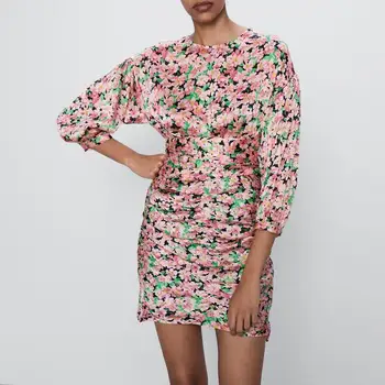 

Floral Chiffon Dress Summer 2020 New Fashion O-neck Long Sleeve Sash Women Prints Dresses