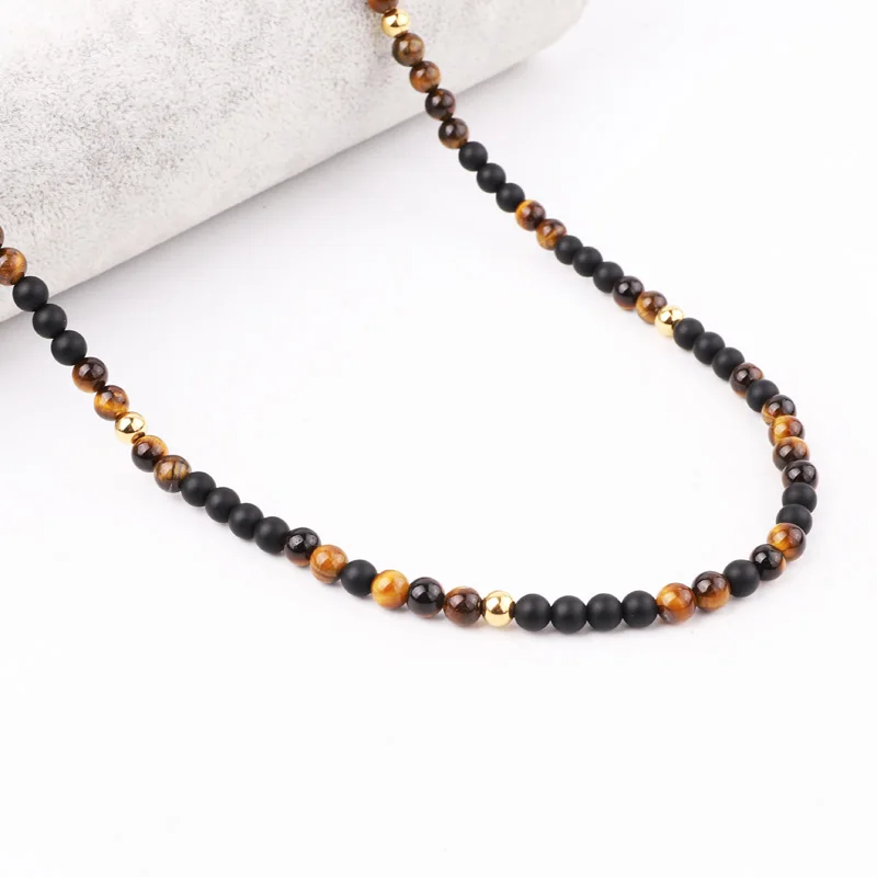 High Quality New Design Natural Stone Matte Onyx Brown Tiger Eye Stainless Steel Beads Men Long Necklace 30inches Jewelry Gift