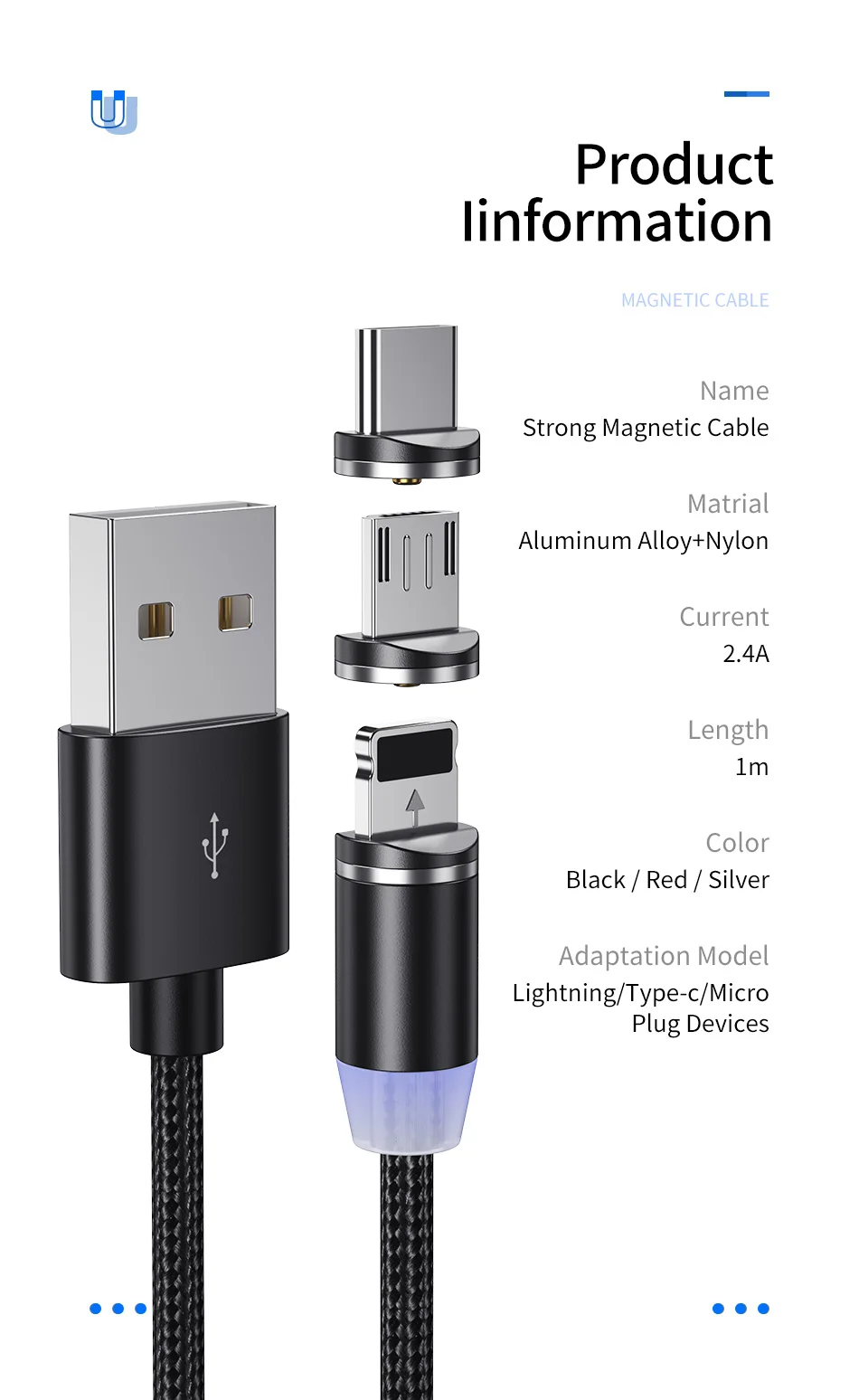 2 м Магнитный кабель Micro usb type C кабель для iPhone xs samsung Быстрая зарядка магнитное зарядное устройство USB Кабели Шнур для мобильного телефона