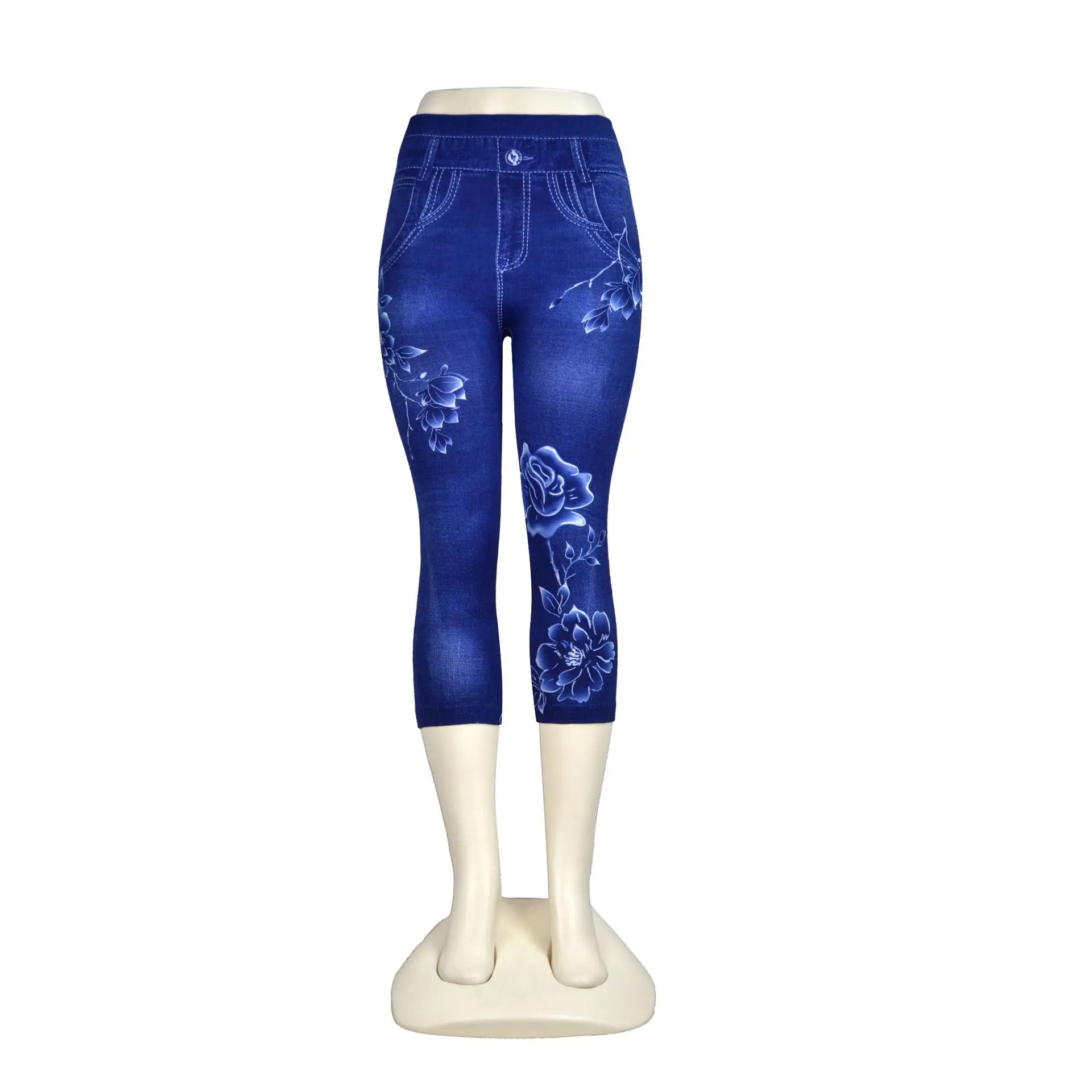 

Women's Imitation Denim Leggings Peony Print Pants Fitness Pants High Elastic Cropped Trousers