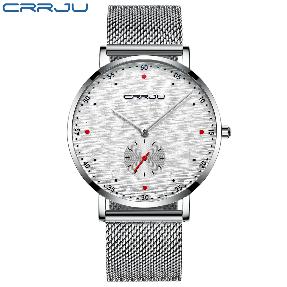 CRRJU Watch Men Fashion Business Watches Men's Casual Waterproof Quartz Wristwatch Blue Steel Clock Relogio Masculino - Color: Silver white