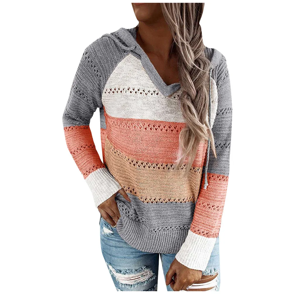 

2020 Autumn V Neck Patchwork Hooded Sweater Women Long Sleeve Knitted Sweater Top Winter Striped Elegant Pullover Jumpers Z0826
