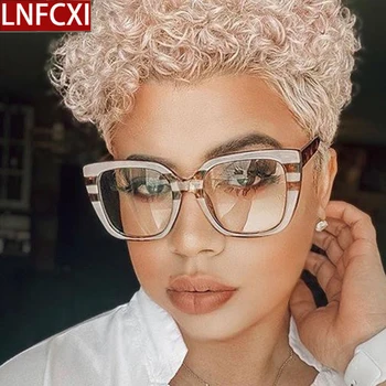 

LNFCXI Square Spring Hinge Glasses Frames Men Women Big Frame Retro Leopard Optical Fashion Leopard Computer Glasse
