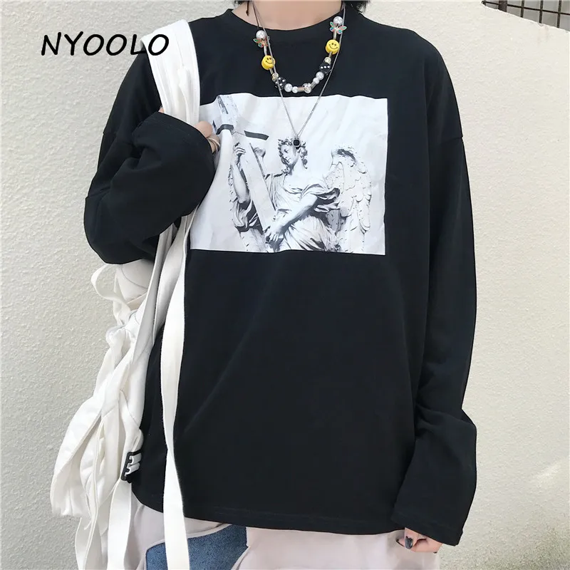 NYOOLO Harajuku стиль Готическая статуя ангела футболка с принтом Осенняя уличная свободная футболка с длинными рукавами женская мужская одежда Топ - Цвет: Черный