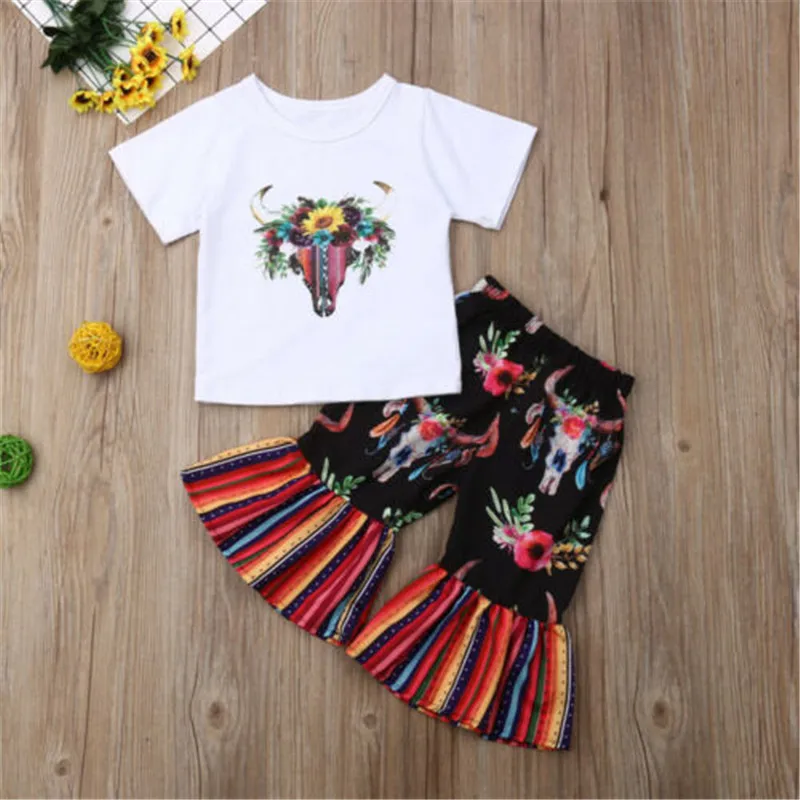 

2-Piece Set Baby Girl Clothes Cowhead T-shirt Tops Striped Floral Flare Pants Outfit Summer Clothing