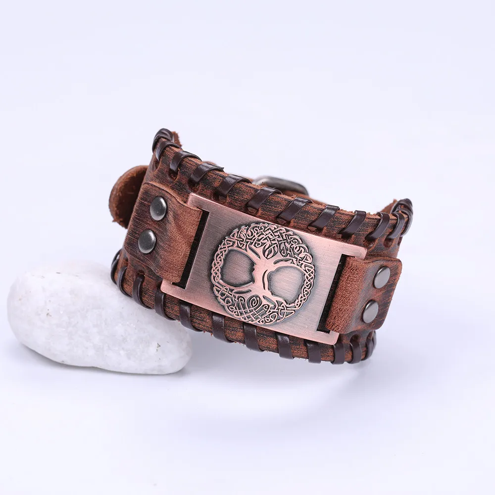 Wide Brown-copper Skyrim Viking Tree of Life, винтажный Wicca, металлический кожаный браслет, амулет, Регулируемый Браслет-манжета, Винтажные Ювелирные изделия для мужчин - Окраска металла: Wide Brown-copper