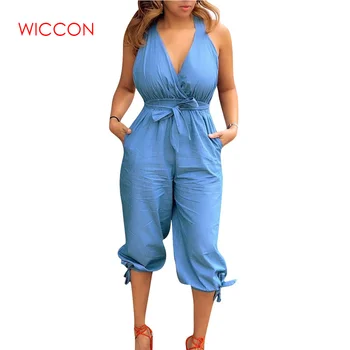 

Ladies Casual Backless Rompers Summer Overalls Women Fashion Bowknot V-Neck Sleeveless Elegant Long Jumpsuits
