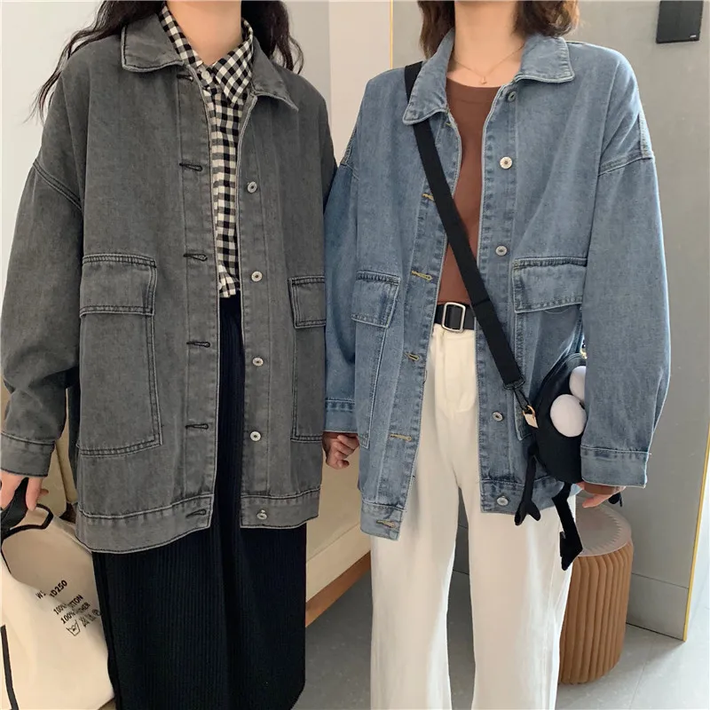 

Photo Shoot ~ 2019 New Style Korean-style BF Style Loose-Fit Large Pocket Jeans Coat Women's Best Friend College Style Tops Jack