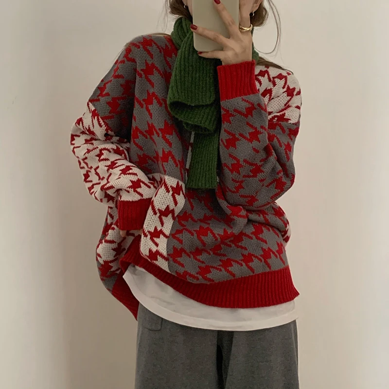 

2021 Autumn Winter Geometric Knitted Sweater Women Casual Contrast Pullovers Female Loose Oversize Sweater Ladies Jumpers Mujer