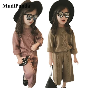 

MudiPanda Autumn New Girls Casual Loose Sweater Pants Suit 2Pcs Children Knitted Suit Winter Girls Clothing Set Baby Clothes