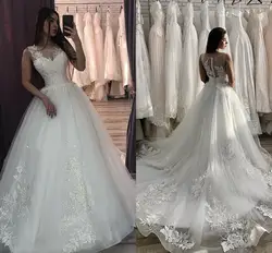 Классический свадебное платье из фатина с кружевными аппликациями Блестки Воротник Sheer Jewel Illusion Назад покрытые пуговицы Vestidos De Novia