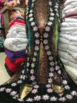 

New High Quailty Sequins Lace Fabric Flocking African Velvet Lace Fabric 2019 Printed Desgins for Party Dress