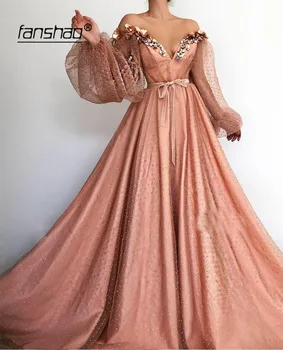 

Orange Muslim Evening Dresses Off the Shoulder Long Sleeves Lantern Islamic Dubai Saudi Arabic Formal Evening Gown Prom Dress