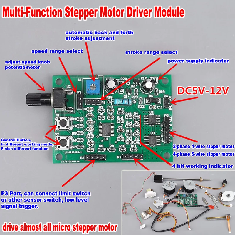 Motorista de Motor Placa do Módulo Pces v 6 Deslizante Mini 2-phase 4-wire 4-phase 5-wire Multifunções Passo Motor Velocidade Controlador 2 dc 5 V-12