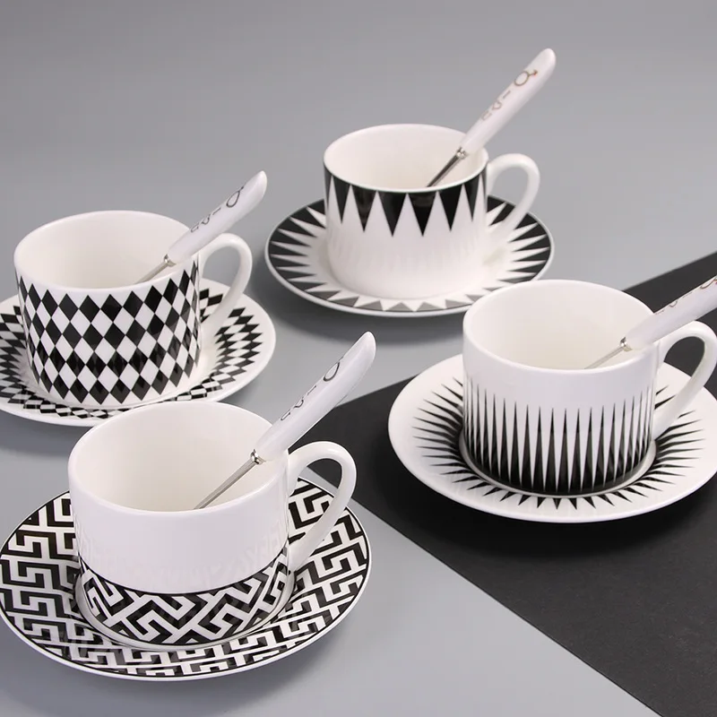 Black and white geometric bone China coffee cup saucer set simple office European with spoon lunch fashi | Дом и сад