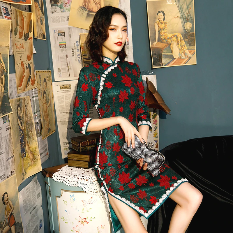 

SHENG COCO Vintage Lace Modern Qipao Cheongsam Dresses Green Red Maple Leaf Long Sleeve Modern Qipao Cheongsam Chinese Woman Qi