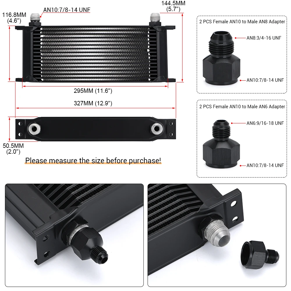 LZONE-16 Row AN10 Stacked Plate Oil Cooler 10AN to 6AN 8AN Adapter Universal Engine Transmission Aluminum Sliver/Black JR7016 oil cooler kit